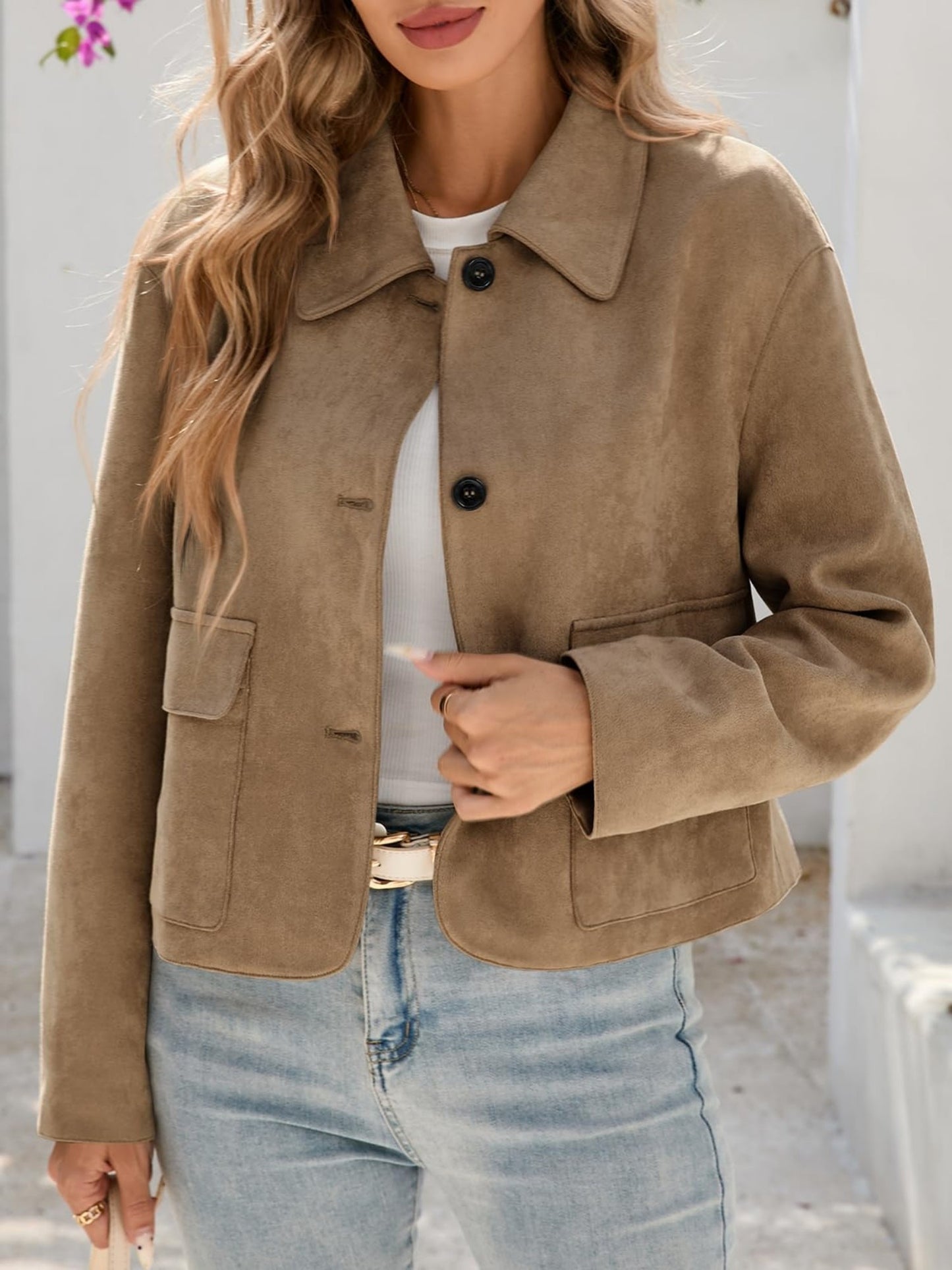 Women'S Cropped Faux Suede Shacket Jacket Vintage Button Coat Casual Outerwear for Fall\u002F Spring