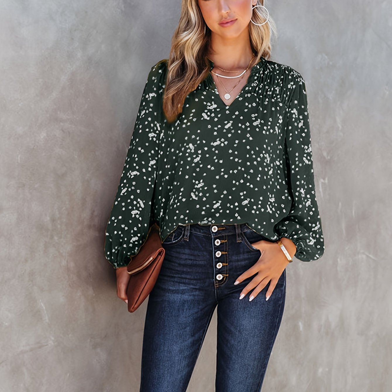 Women's Commuter Top, V-Neck, Long Sleeve Polka Dot Print, Pleated Blouse