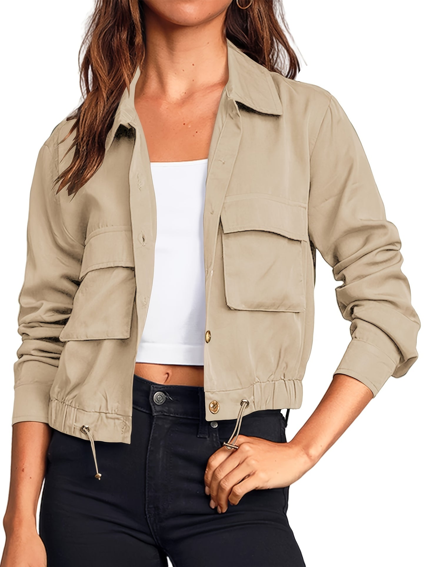 Women's Lightweight Military Safari Cropped Jacket - Button Oversized Utility Anorak with Pockets, Long Sleeve, Rayon Blend, Beige, Casual Outdoor Style, Casual Outdoor Jacket | Button Coat | Lightweight Coat
