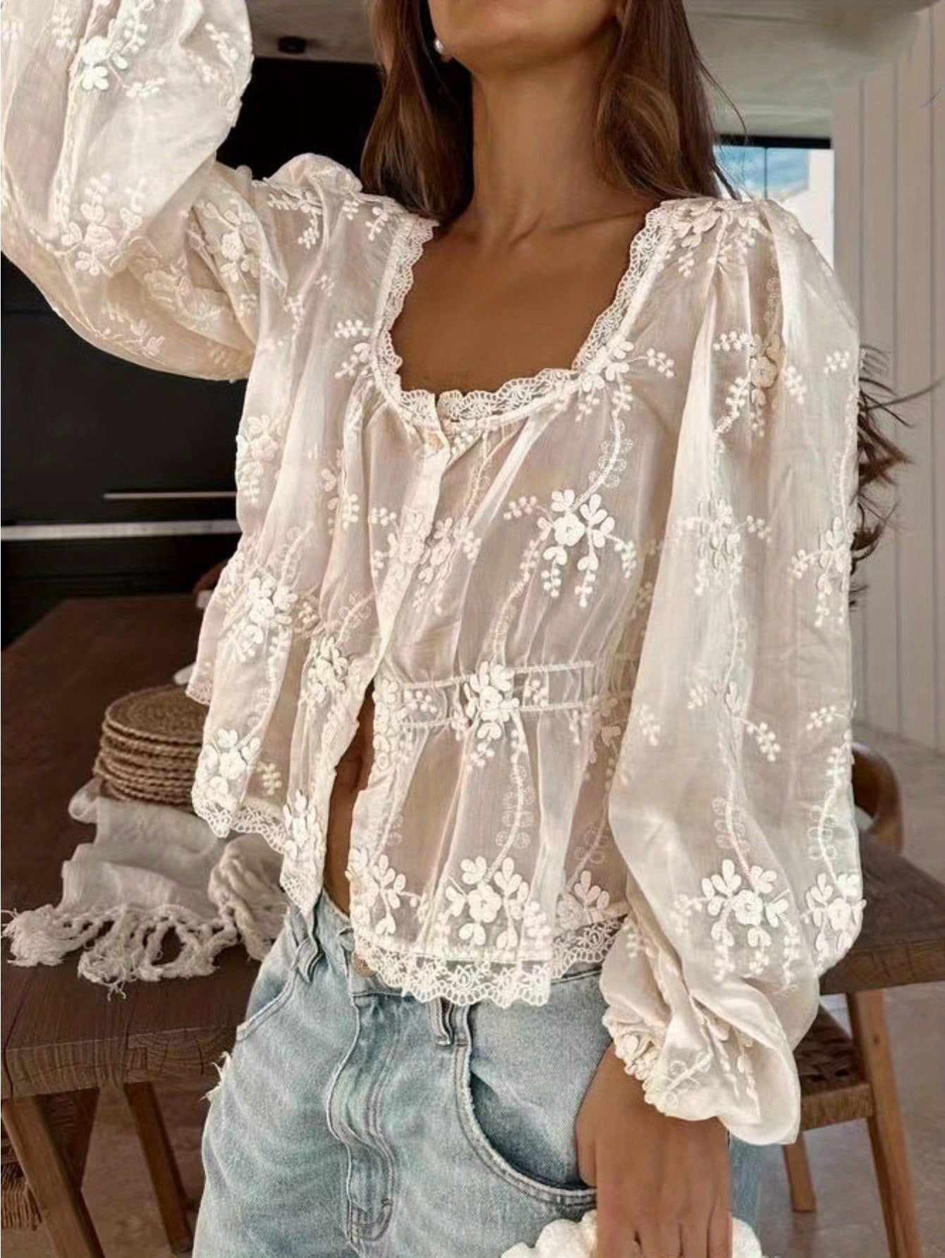 New Sexy Women'S Loose Embroidered Long-Sleeved Shirt