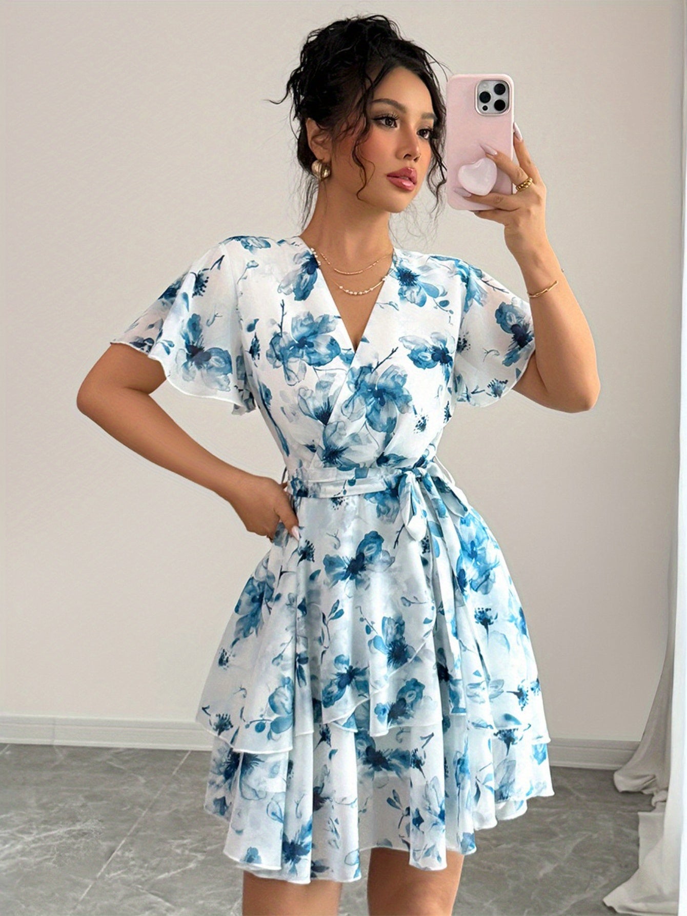 1pc Elegant French-Inspired Floral Print V-Neck Midi Dress - Sleeveless, Asymmetrical Hem, Loose Fit for Women, Perfect for Daily Wear, Work, and Travel, Floral Dress