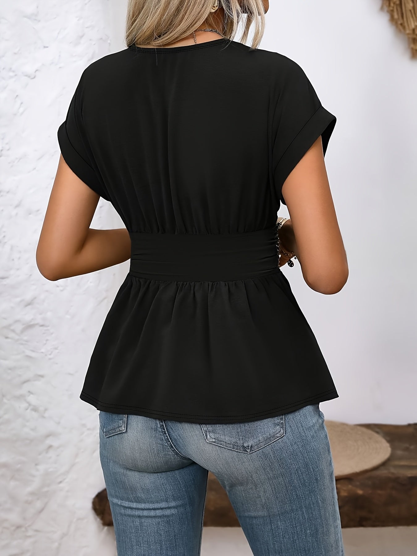 Women'S Elegant V-Neck Batwing Short Sleeve Blouse with Ruffle Detail - Loose Fit, Solid Color, All-Season Versatile Top for Casual & Formal Wear, Versatile Fashion | Vneck Blouse | Ruffle Detailing, Ladies Blouses