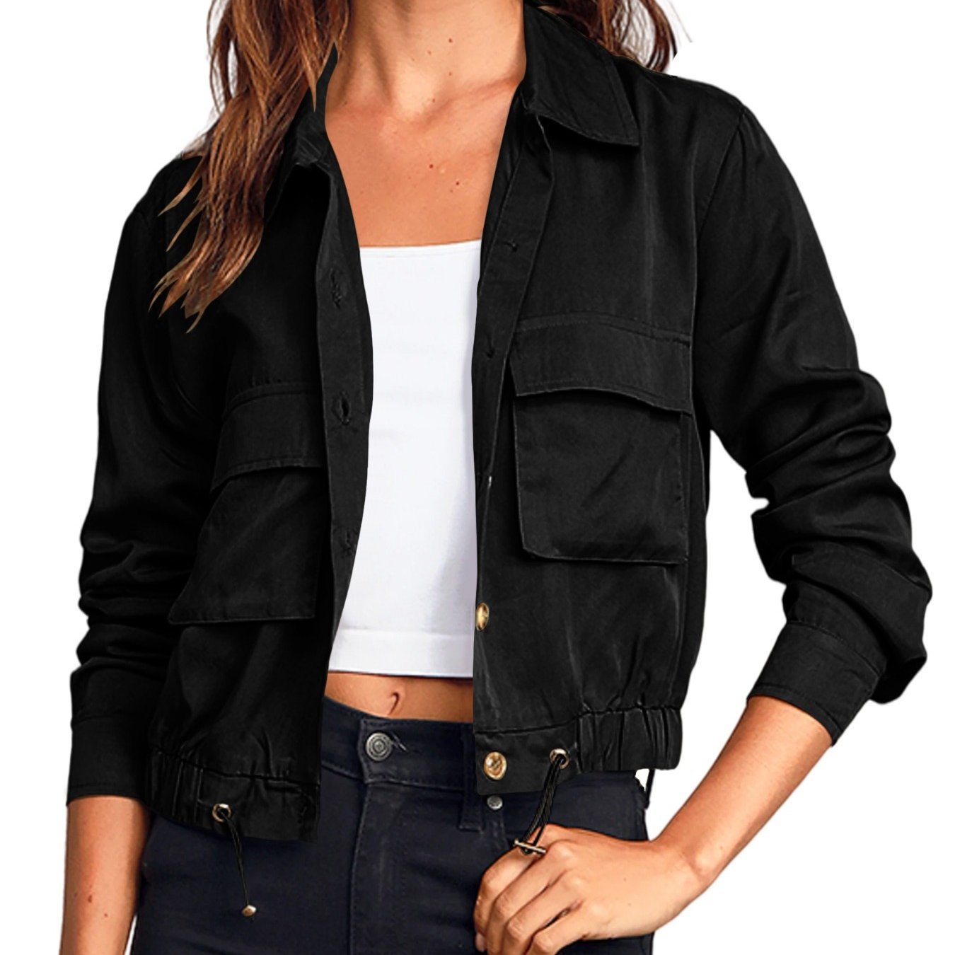 Women'S Military Safari Cropped Jackets Button Lightweight Oversized Utility Anorak Coat with Pockets