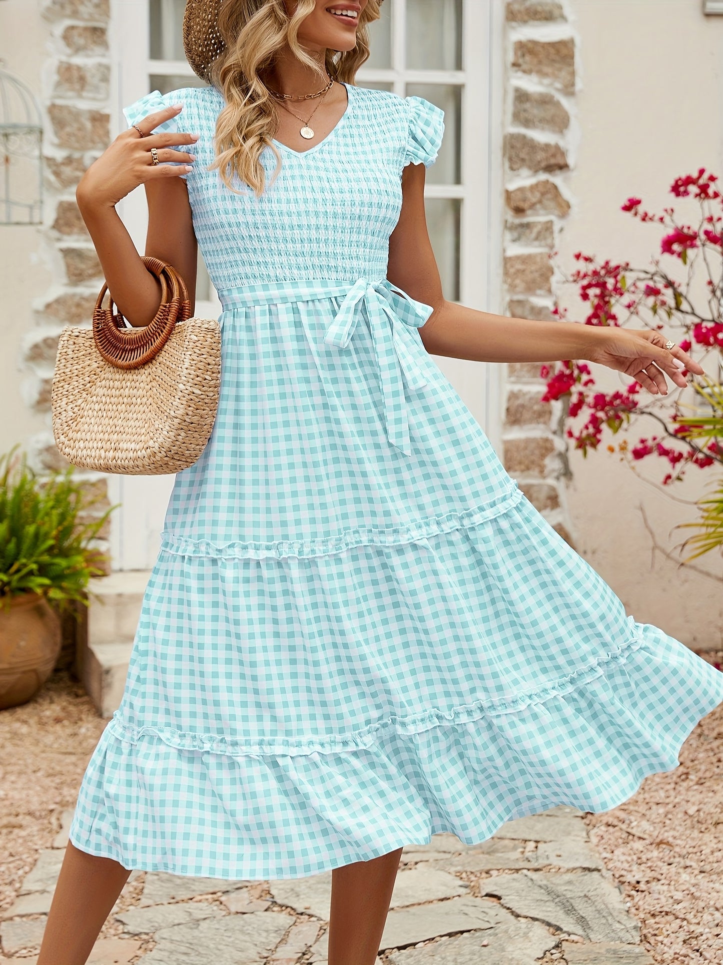 Women'S Summer V Neck Smocked Maxi Dress Puff Sleeve Pregnancy Baby Shower Photoshoot Dress