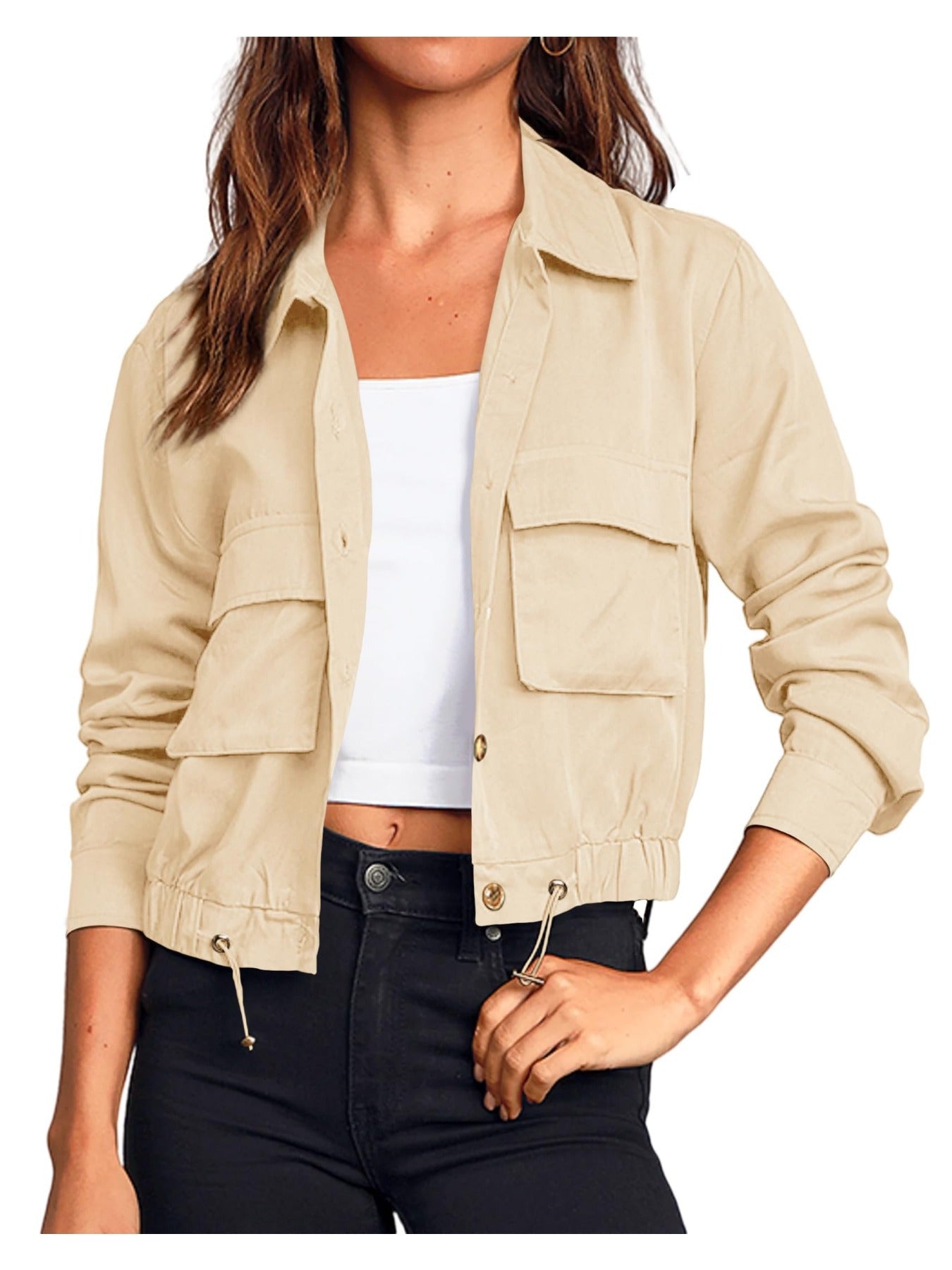 Women'S Military Safari Cropped Jackets Button Lightweight Oversized Utility Anorak Coat with Pockets
