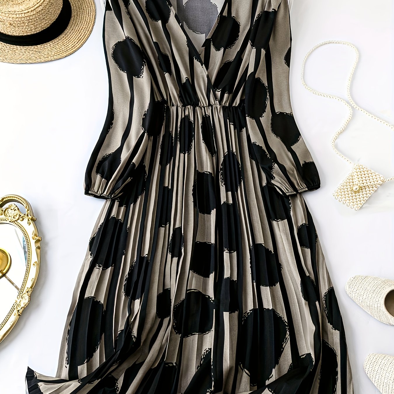Fashionable Romantic Women'S Dress Black Wave Point Cross-collar Pleated Skirt With Elegant Dress DMBT104