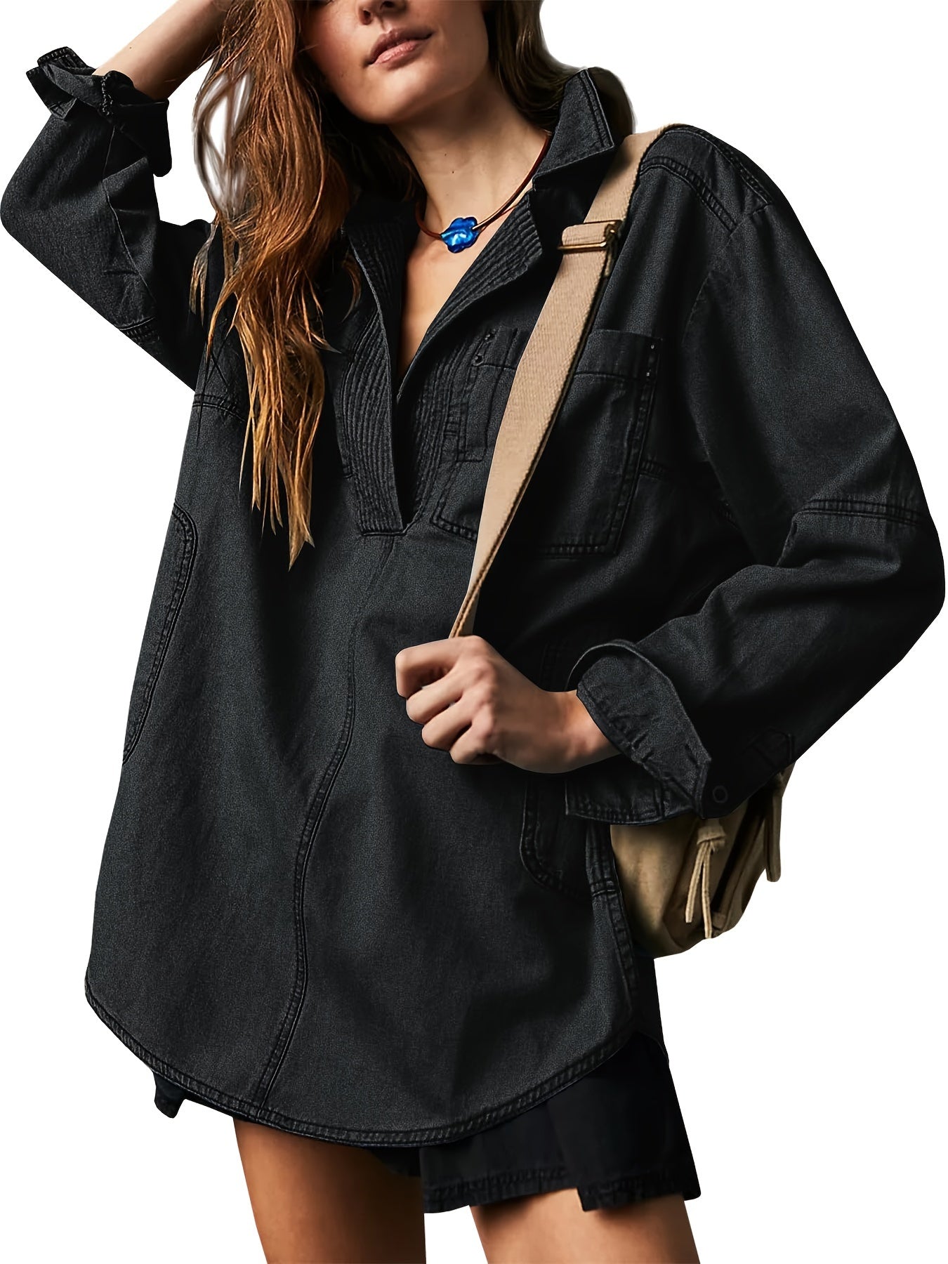 Women's Denim Pullover Casual Button V Neck Blouse Loose Fit Long Sleeve Jean Jacket With Pocket