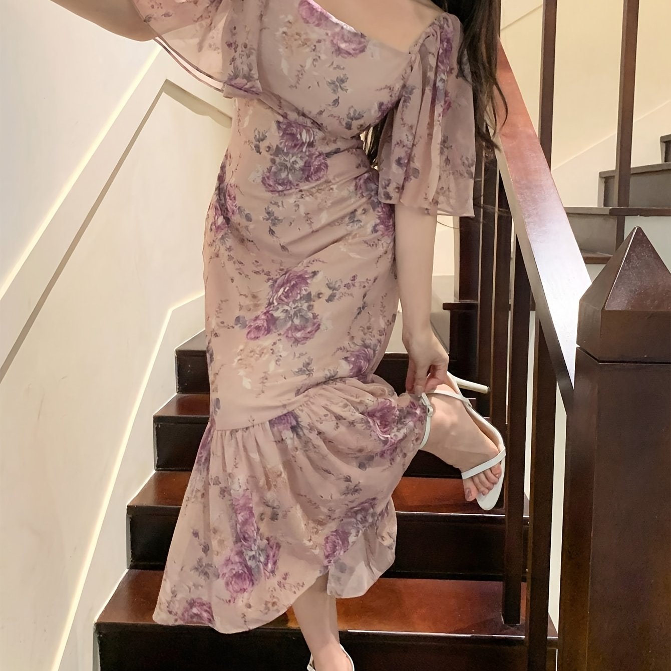 2025 Summer French-Inspired Floral Print Square Neck Dress - Elegant Fitted Sleeve with Back Tie Detail, Lightweight Non-Stretch Fabric for Women, Casual to Formal Occasions, Evening Wear, Relaxed Fit