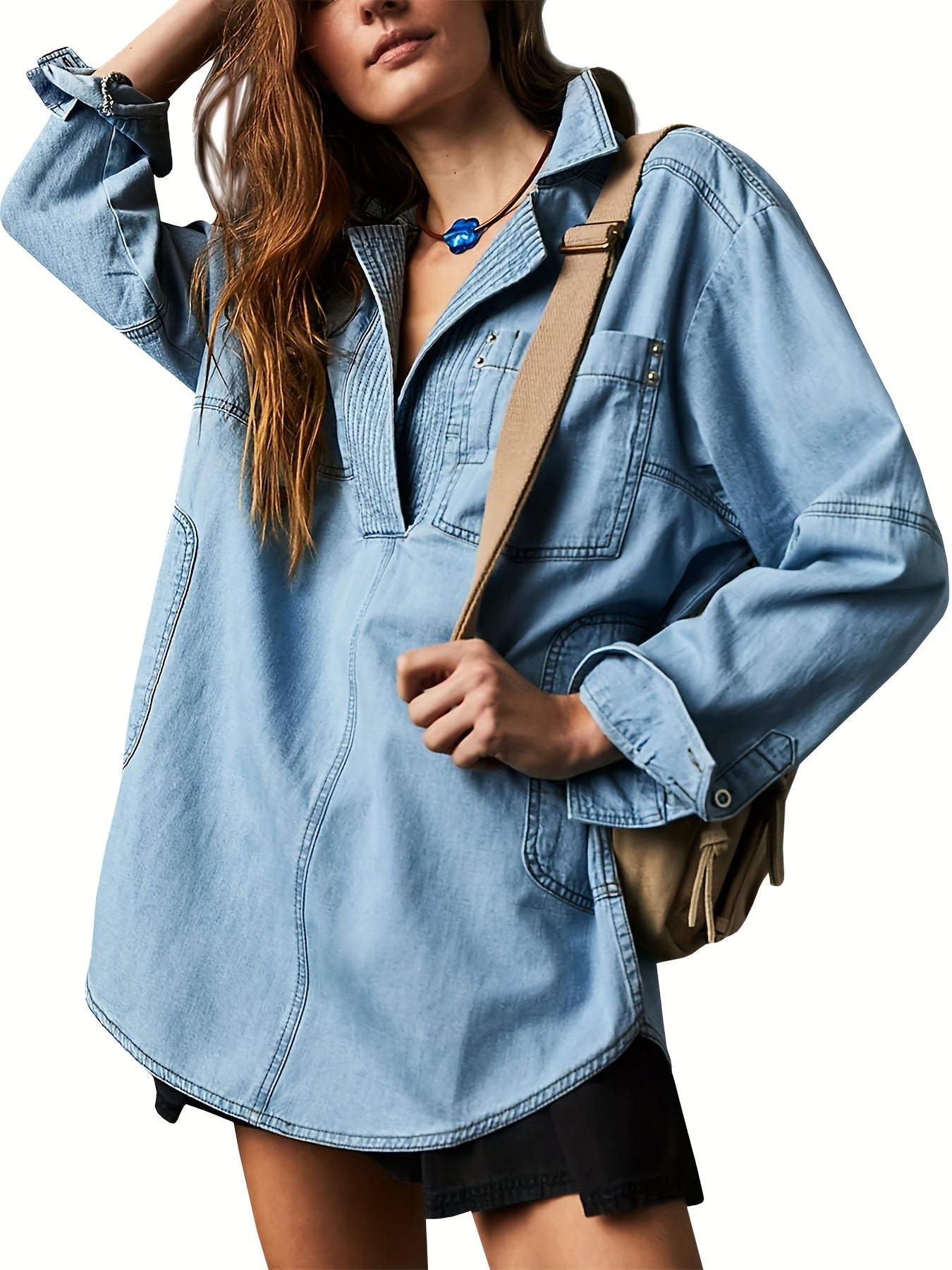 1pc Women'S Casual Cotton Faux Denim Shirt - Solid Color Long Sleeve V-Neck Pullover with Pockets, Loose Fit Jean Jacket Style Blouse for Fall\u002FWinter