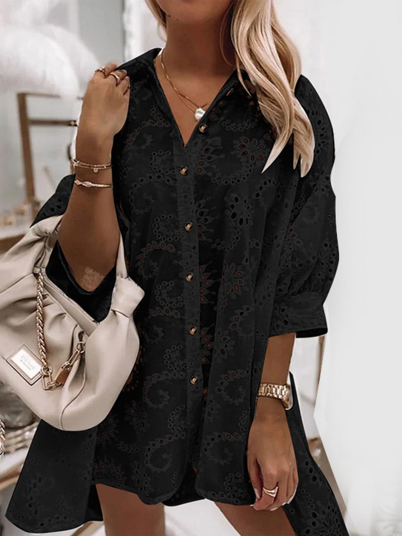 Women's Floral Eyelet Embroidery Collared Half Sleeve Blouses Button Casual Shirts
