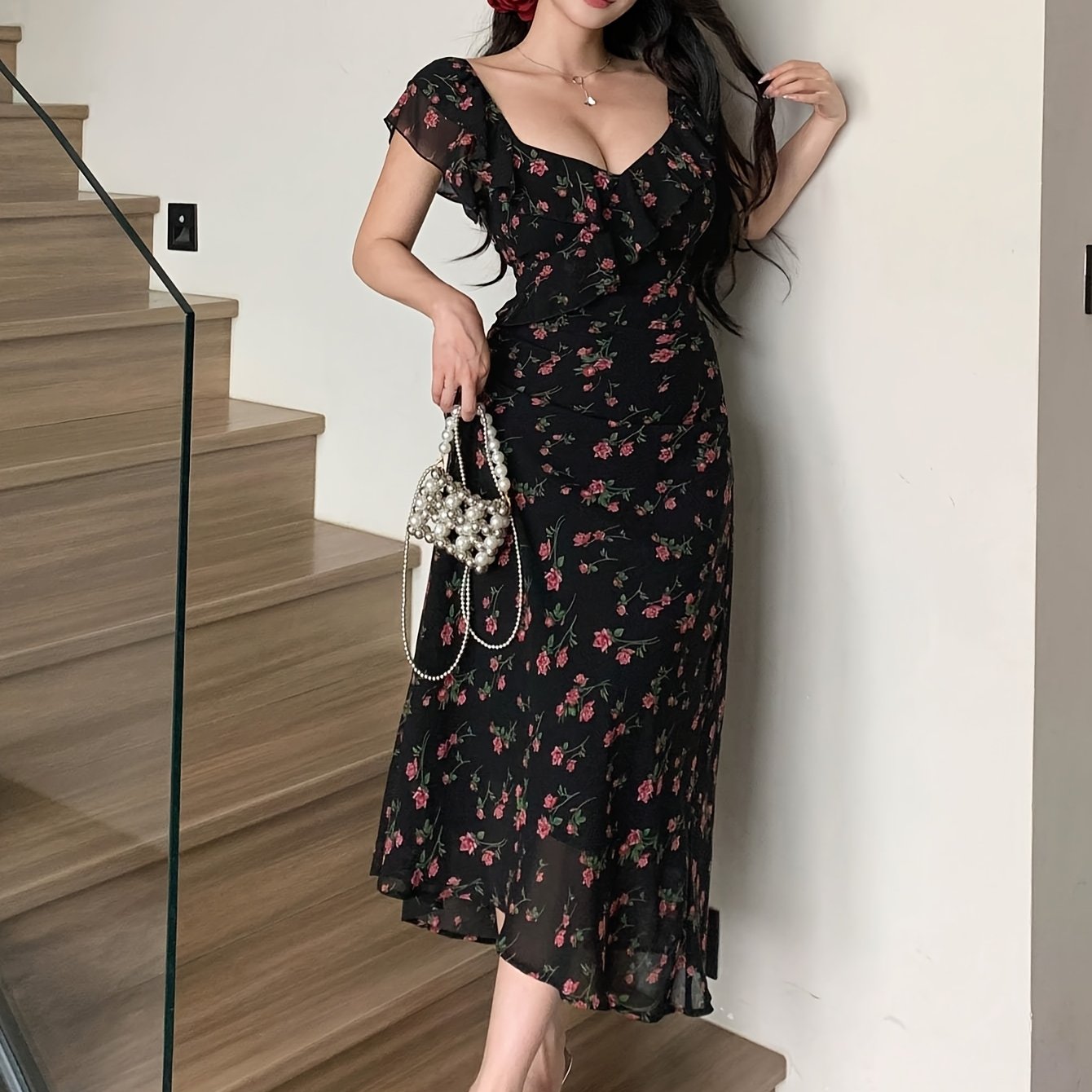 Women'S French-Inspired Elegant Square Neck Black Floral Print Ruffled Sleeve Knee-Length Dress - Fitted Summer Dress for Casual & Formal Occasions, Cute Dress, Evening Wear, Decorative Floral Design