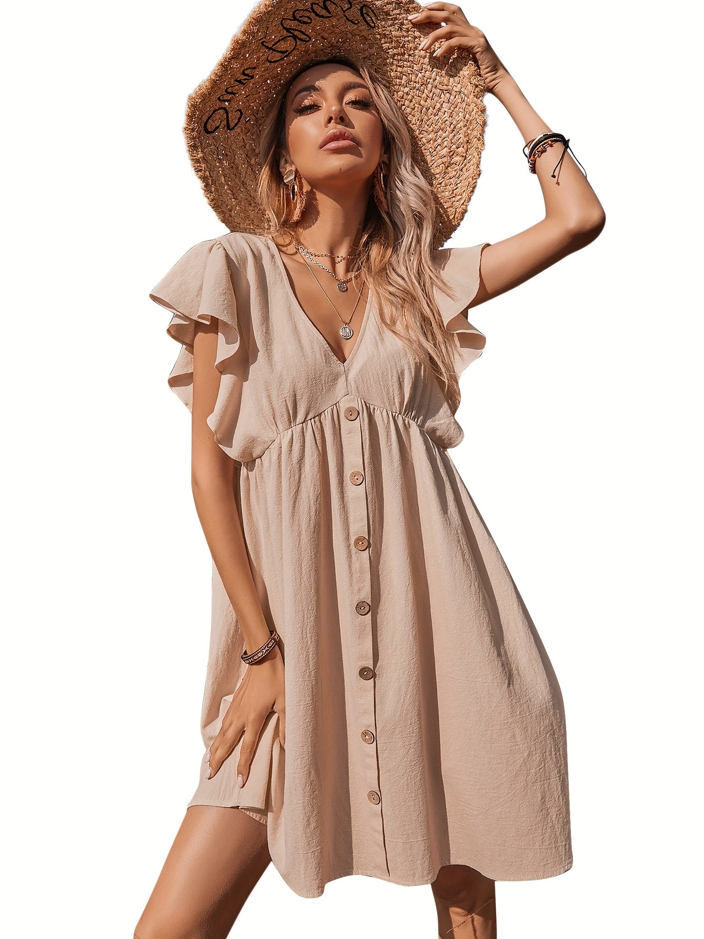 Women's Ruffle Babydoll Dress Long\u002FShort Sleeve V Neck High Waist Botton Casual Loose Flowy Swing Pleated Tunic Dress