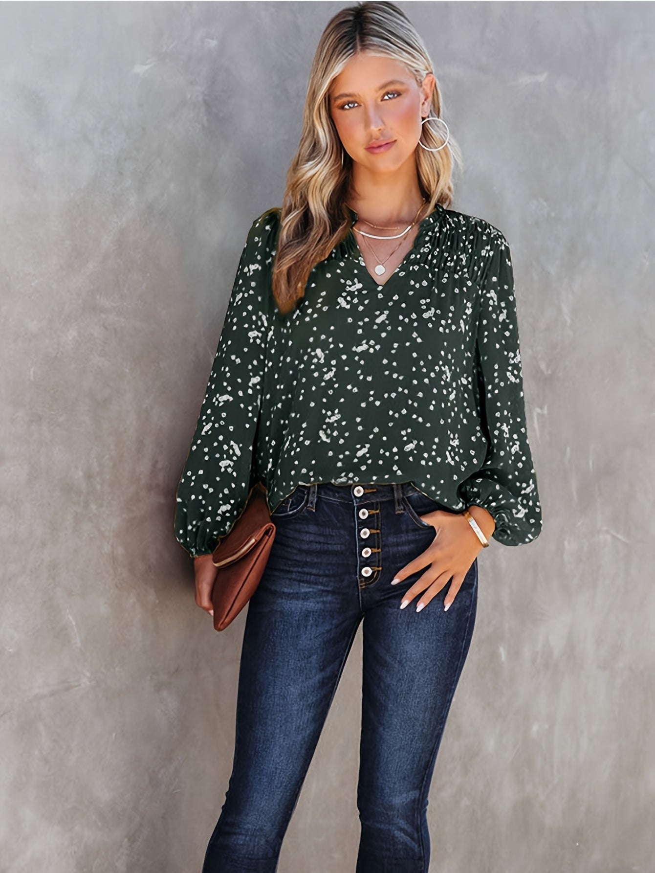 Women's Commuter Top, V-Neck, Long Sleeve Polka Dot Print, Pleated Blouse