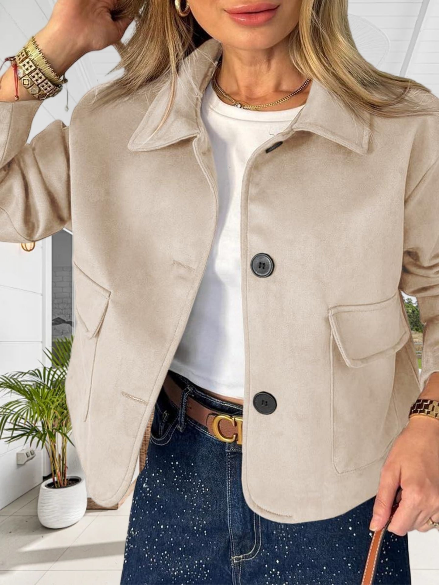 Women'S Cropped Faux Suede Shacket Jacket Vintage Button Coat Casual Outerwear for Fall\u002F Spring