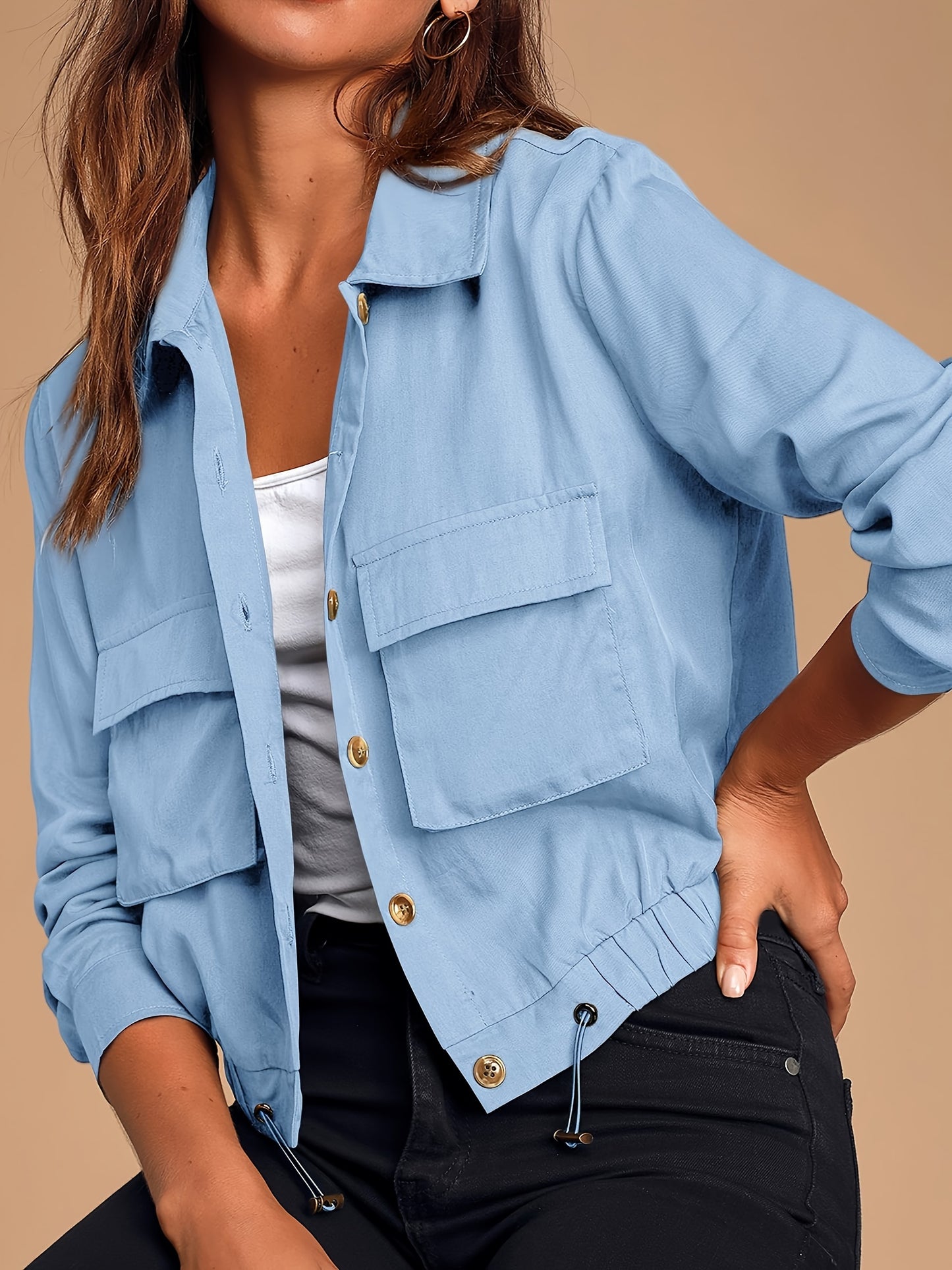 Women's Lightweight Military Safari Cropped Jacket - Button Oversized Utility Anorak with Pockets, Long Sleeve, Rayon Blend, Beige, Casual Outdoor Style, Casual Outdoor Jacket | Button Coat | Lightweight Coat