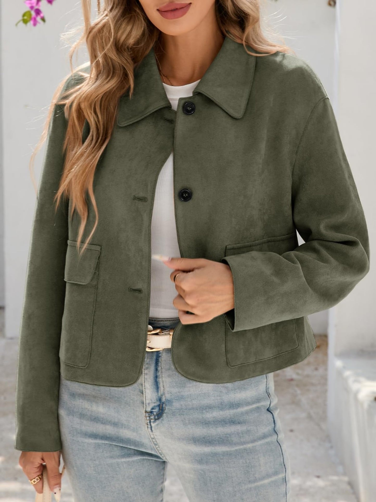 Women'S Cropped Faux Suede Shacket Jacket Vintage Button Coat Casual Outerwear for Fall\u002F Spring