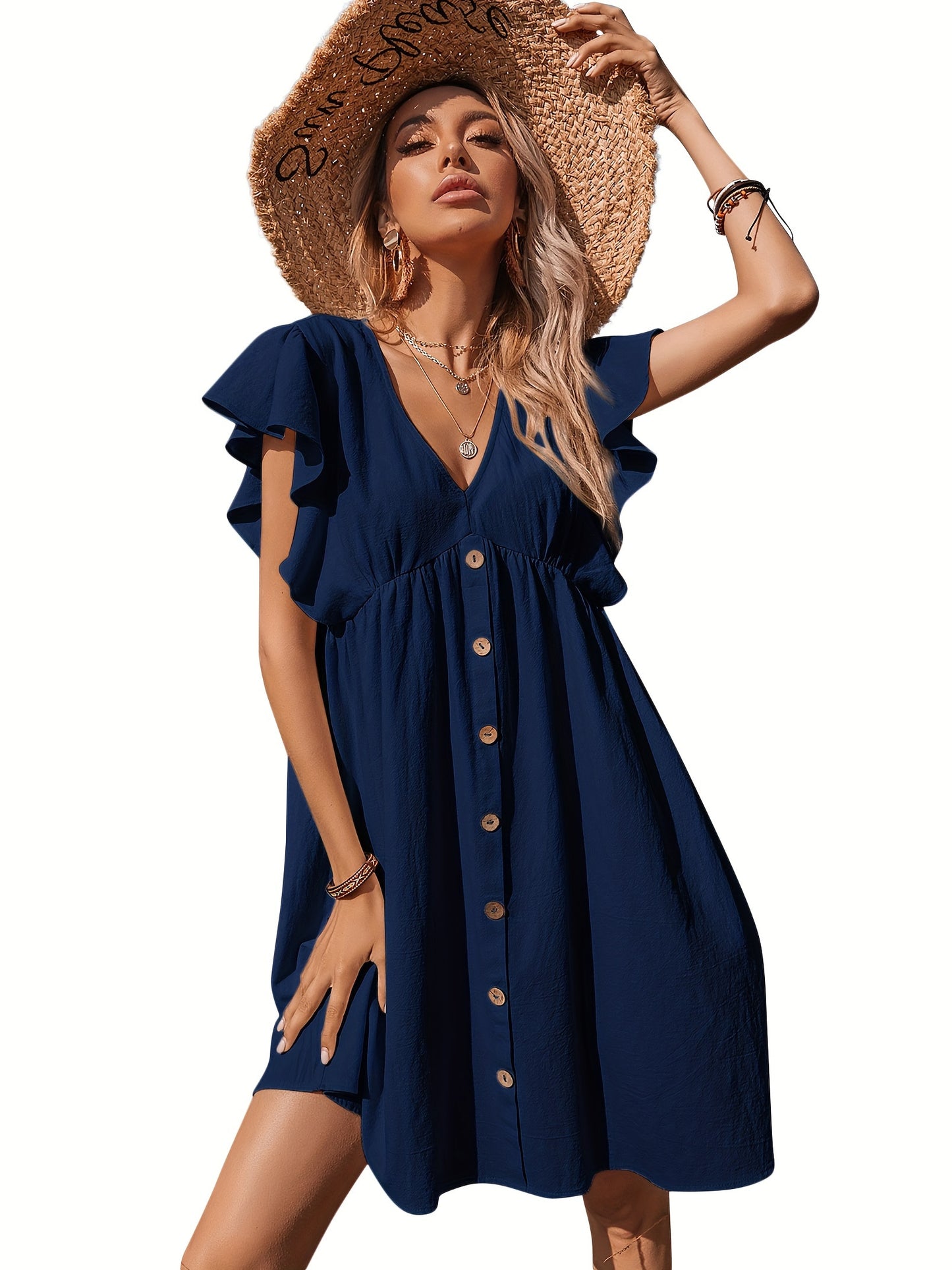 Women's Ruffle Babydoll Dress Long\u002FShort Sleeve V Neck High Waist Botton Casual Loose Flowy Swing Pleated Tunic Dress