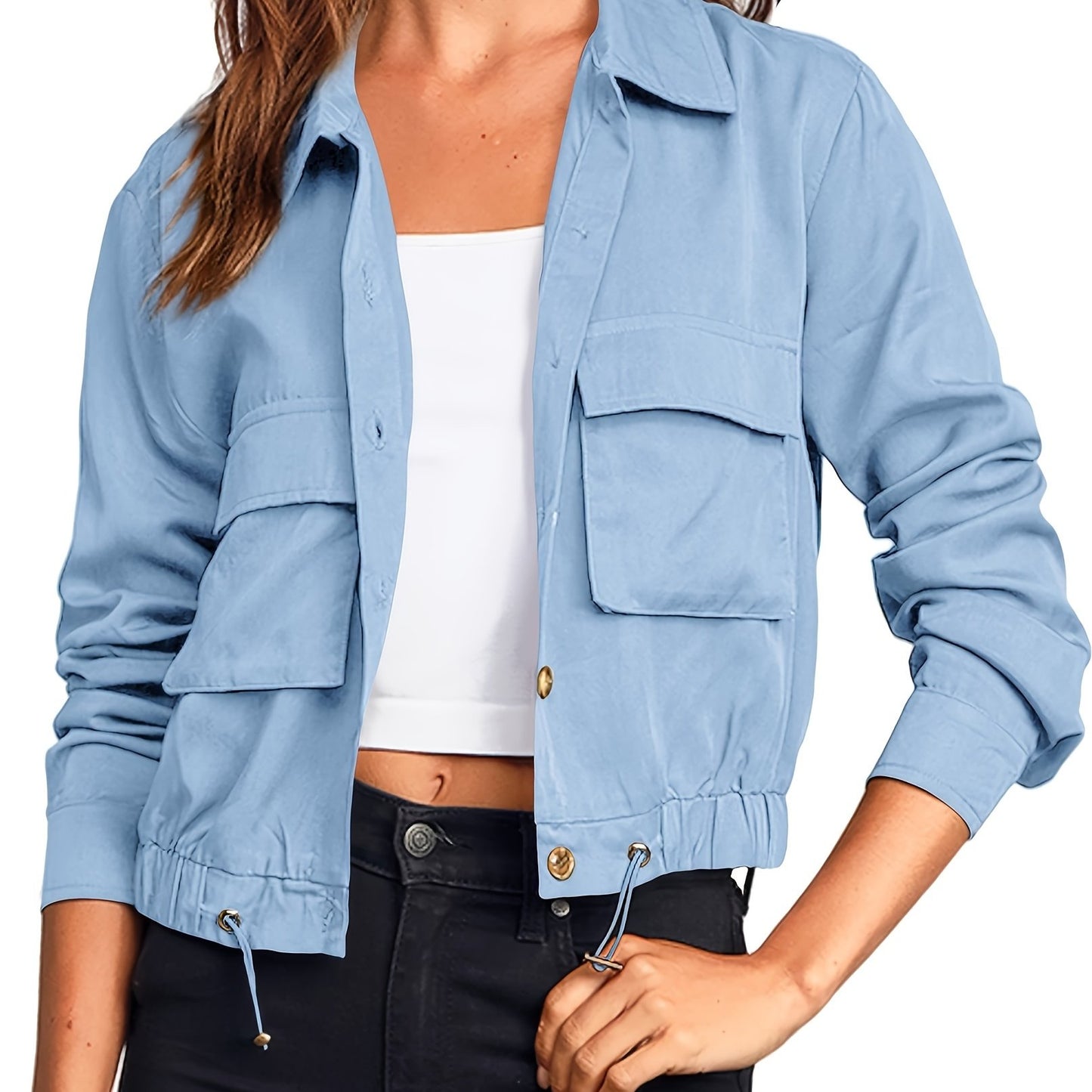 Women's Lightweight Military Safari Cropped Jacket - Button Oversized Utility Anorak with Pockets, Long Sleeve, Rayon Blend, Beige, Casual Outdoor Style, Casual Outdoor Jacket | Button Coat | Lightweight Coat