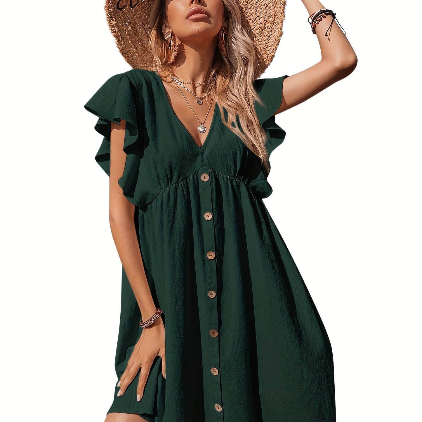 Women's Ruffle Babydoll Dress Long\u002FShort Sleeve V Neck High Waist Botton Casual Loose Flowy Swing Pleated Tunic Dress
