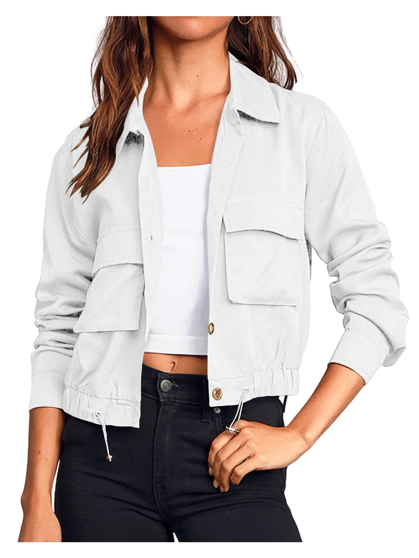 Women'S Military Safari Cropped Jackets Button Lightweight Oversized Utility Anorak Coat with Pockets