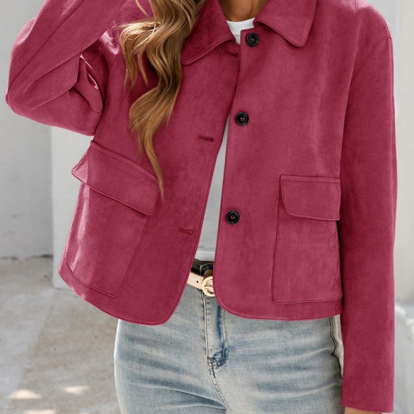 Women'S Cropped Faux Suede Shacket Jacket Vintage Button Coat Casual Outerwear for Fall\u002F Spring