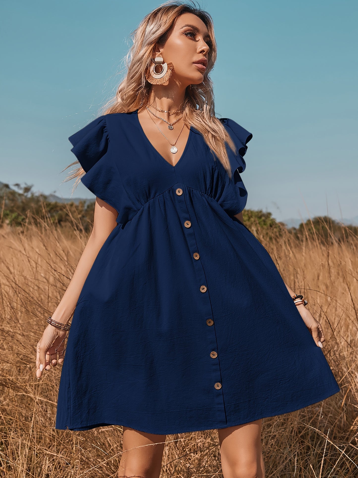 Women's Ruffle Babydoll Dress Long\u002FShort Sleeve V Neck High Waist Botton Casual Loose Flowy Swing Pleated Tunic Dress