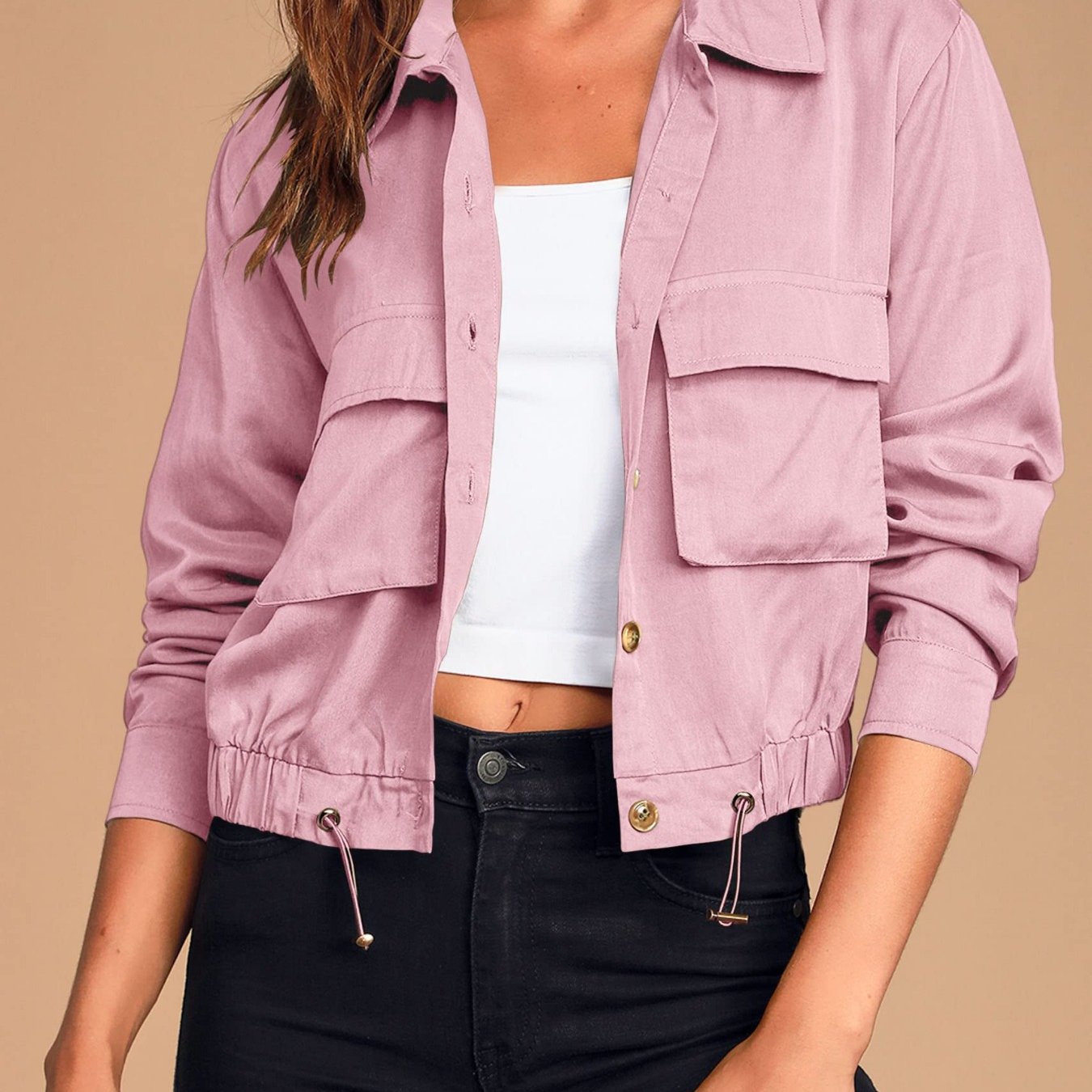 Women'S Military Safari Cropped Jackets Button Lightweight Oversized Utility Anorak Coat with Pockets