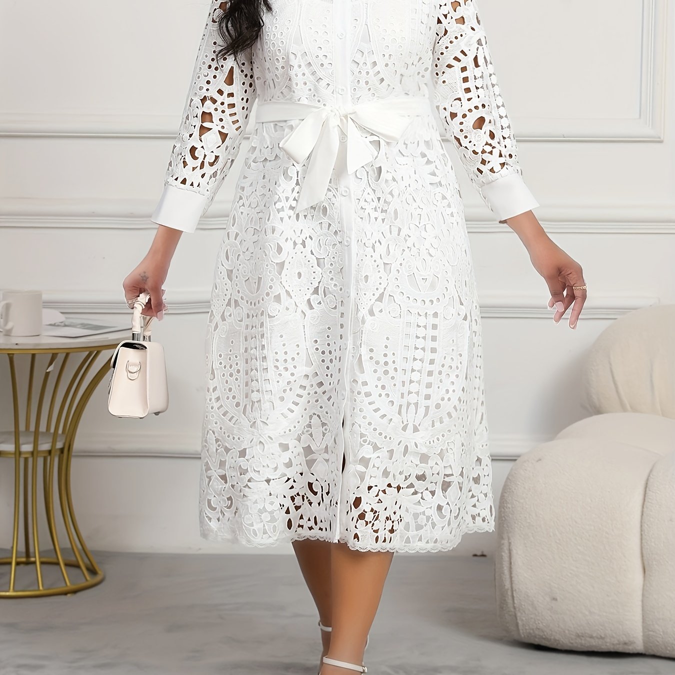 Plus Size, Large-size Fashionable Women's Dress with Whte Open-work Lace Patchwork, V-neckine, Three-quarter Sleeves, Drawstring Waist, Simming Elfect And Elegant Style DMBT010