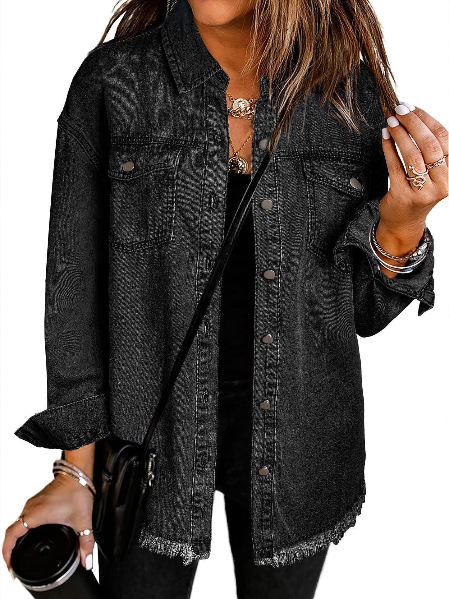 ELESOL 2025 Jean Jackets for Women Ripped Stretchy Blue Denim Jean Jacket Casual Long Sleeve Pockets Oversized Jackets Coat