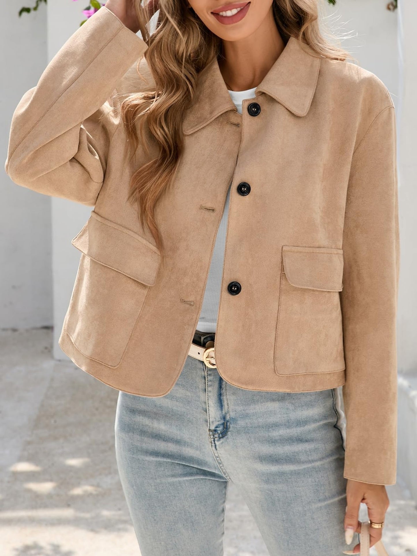 Women'S Cropped Faux Suede Shacket Jacket Vintage Button Coat Casual Outerwear for Fall\u002F Spring