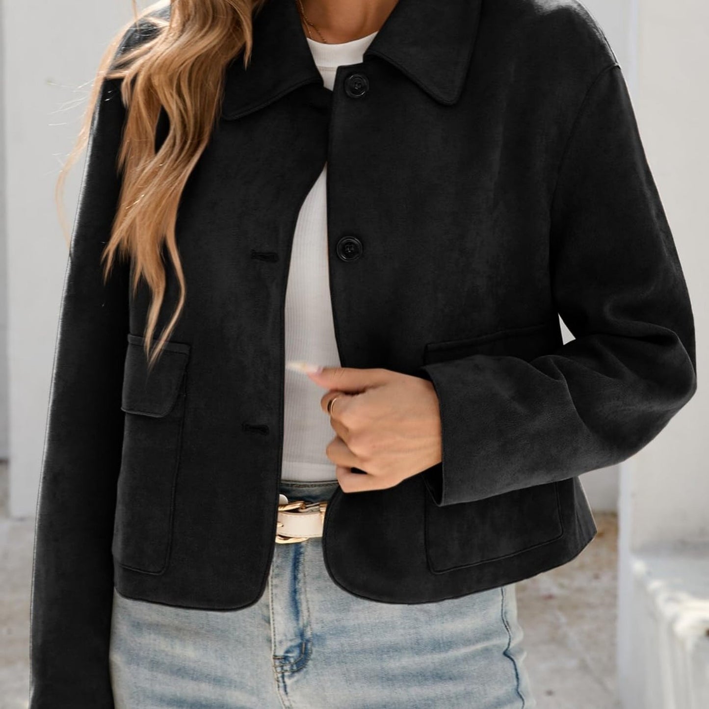 Women'S Cropped Faux Suede Shacket Jacket Vintage Button Coat Casual Outerwear for Fall\u002F Spring