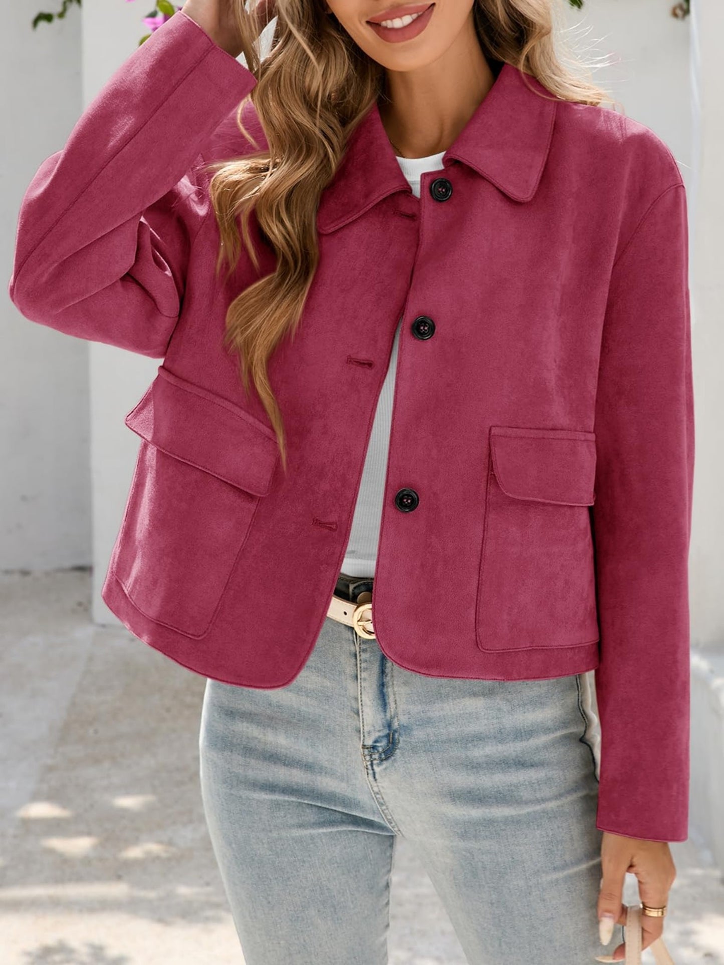 Women'S Cropped Faux Suede Shacket Jacket Vintage Button Coat Casual Outerwear for Fall\u002F Spring