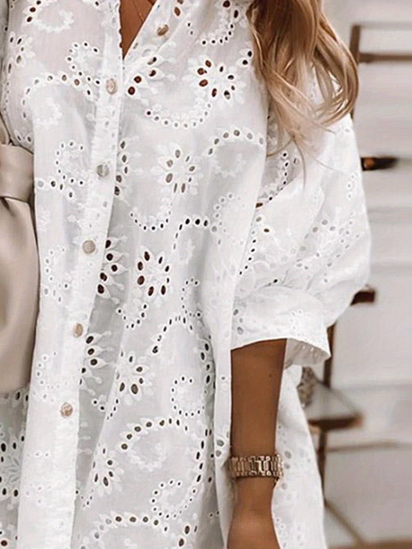 Women's Floral Eyelet Embroidery Collared Half Sleeve Blouses Button Casual Shirts