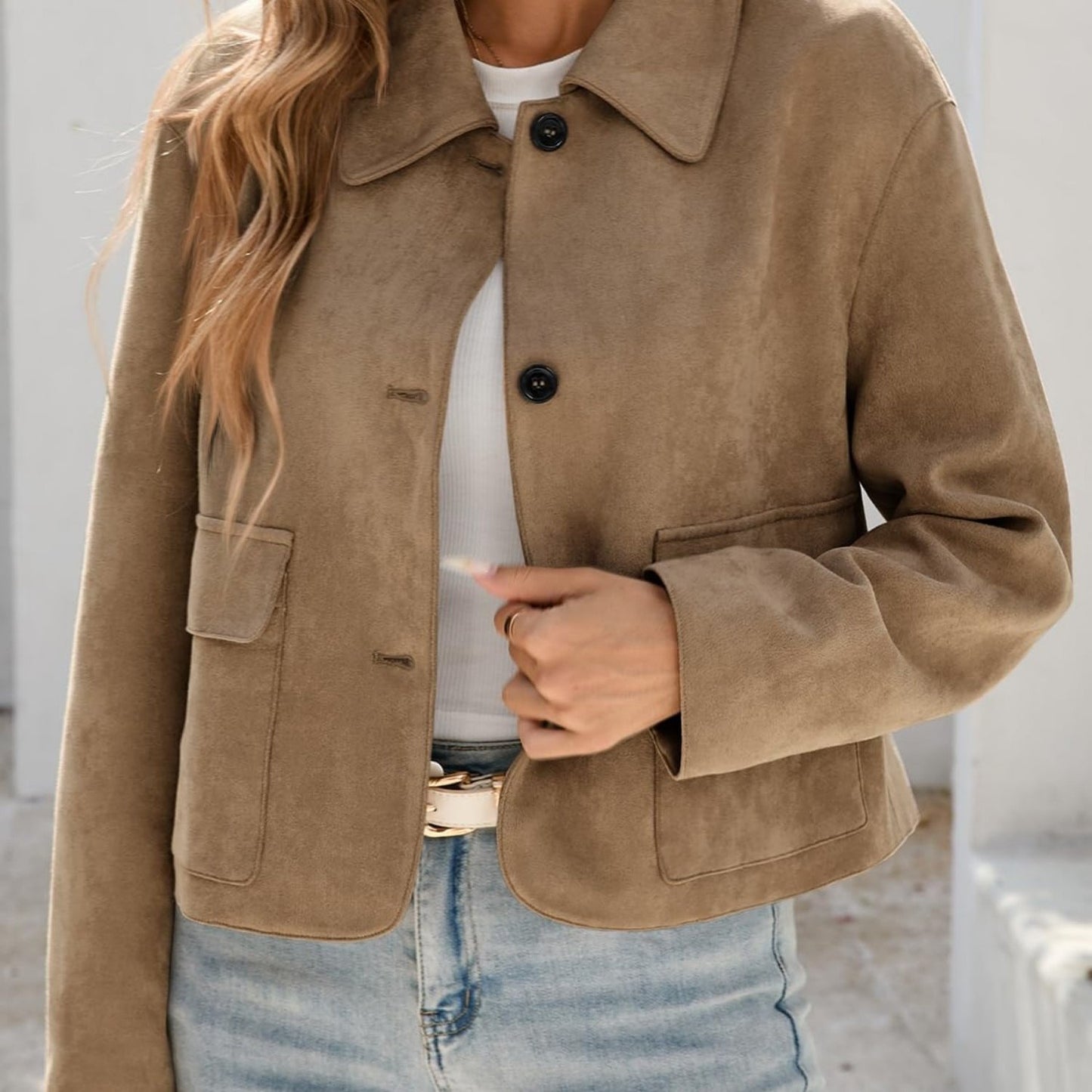 Women'S Cropped Faux Suede Shacket Jacket Vintage Button Coat Casual Outerwear for Fall\u002F Spring