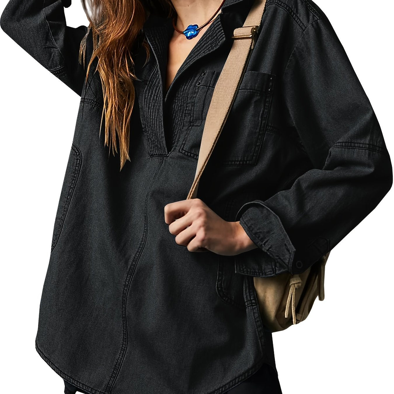 Women's Denim Pullover Casual Button V Neck Blouse Loose Fit Long Sleeve Jean Jacket With Pocket