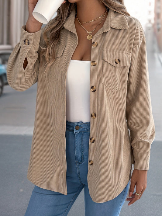 Solid Color Button Front Corduroy Jacket, Elegant Long Sleeve Flap Detail Jacket For Spring & Fall, Women's Clothing