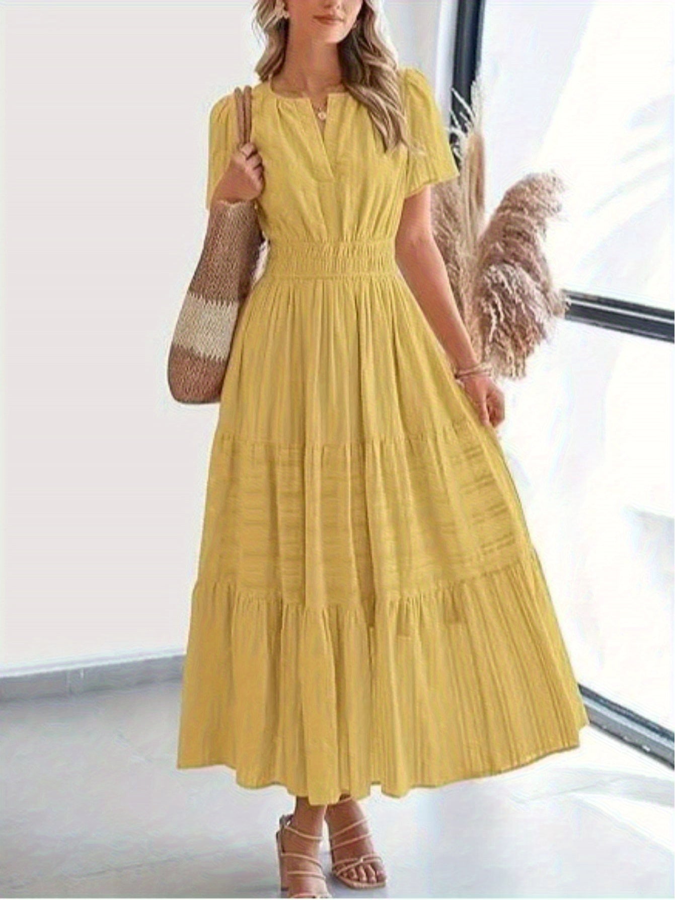 Elegant Women'S Pleated Puff Sleeve Layered Large Swing Dress, V-neck Machine Washable Casual to Formal Wear, Solid Color, Suitable for Spring and Summer, Easy Casual Women'S Wear