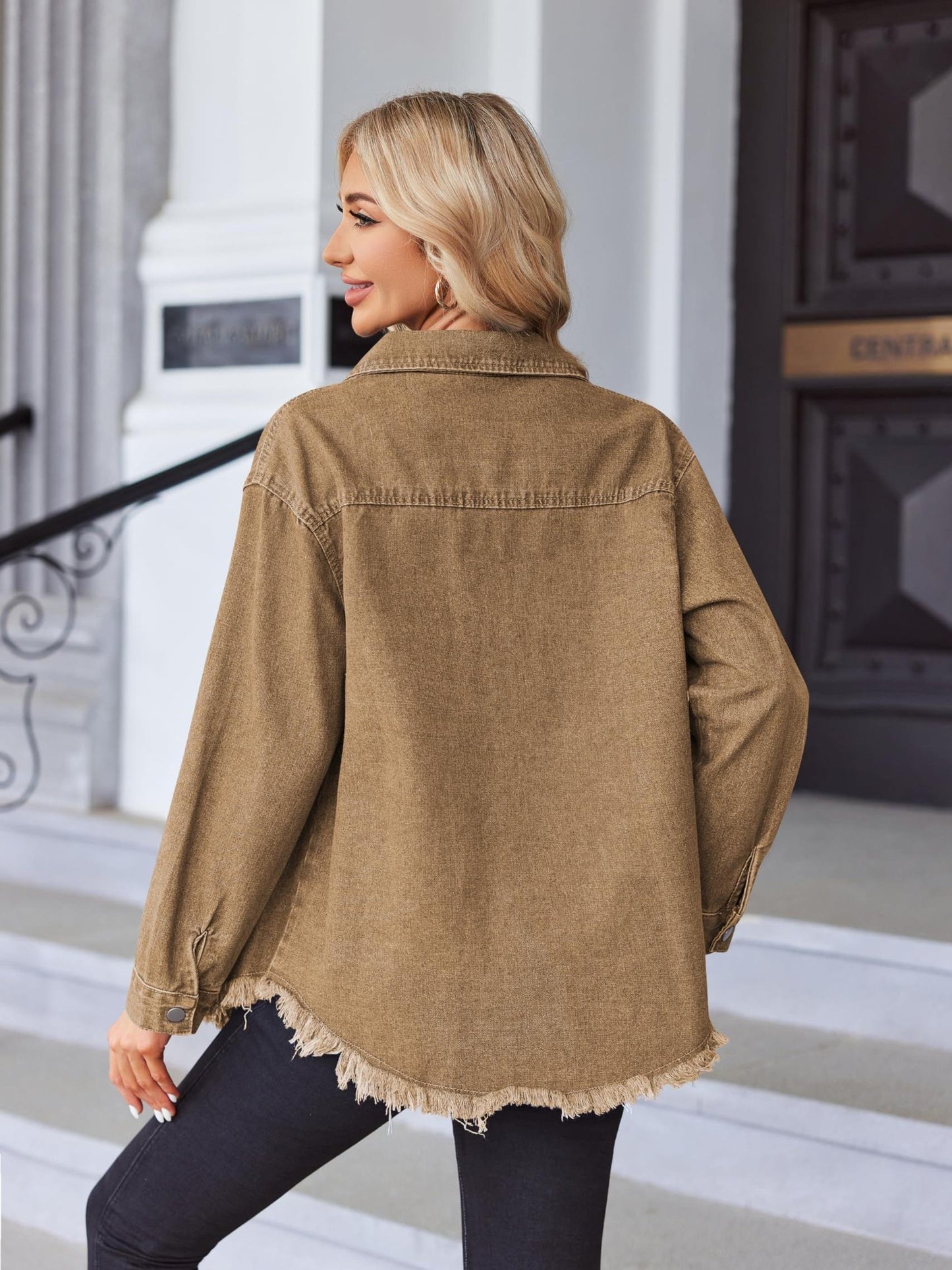 ELESOL 2025 Jean Jackets for Women Ripped Stretchy Blue Denim Jean Jacket Casual Long Sleeve Pockets Oversized Jackets Coat