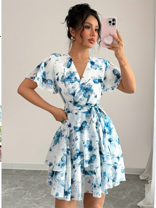 1pc Elegant French-Inspired Floral Print V-Neck Midi Dress - Sleeveless, Asymmetrical Hem, Loose Fit for Women, Perfect for Daily Wear, Work, and Travel, Floral Dress