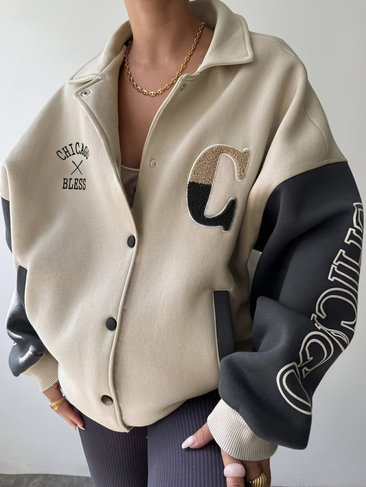 Color Block Snap Front Jacket, Casual Long Sleeve Drop Shoulder Loose Collared Jacket For Spring & Fall, Women's Clothing
