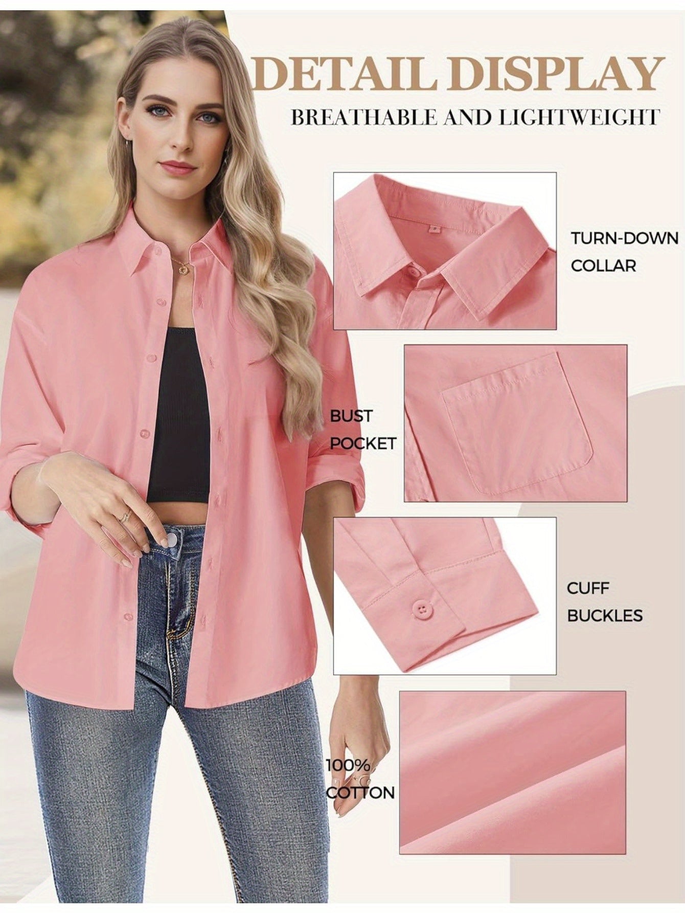 Women's Solid Color Button-Up Shirt - Long Sleeve, Loose Fit with Pocket, 100%, Ideal for Travel and Daily Wear, Sexy Casual Top, Sexy Style, Spring\u002FSummer\u002FAutumn
