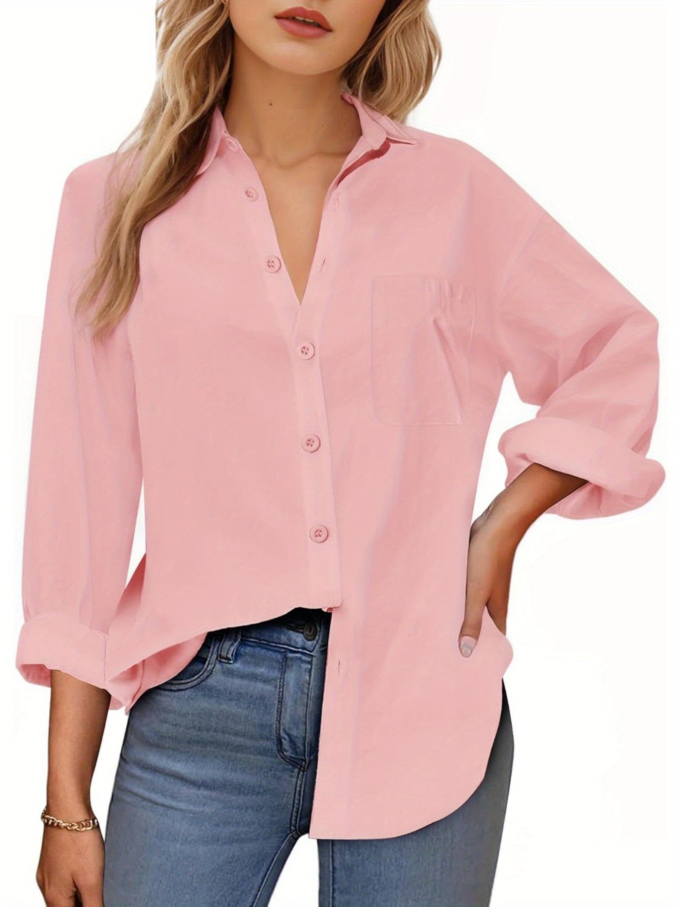 Women's Solid Color Button-Up Shirt - Long Sleeve, Loose Fit with Pocket, 100%, Ideal for Travel and Daily Wear, Sexy Casual Top, Sexy Style, Spring\u002FSummer\u002FAutumn