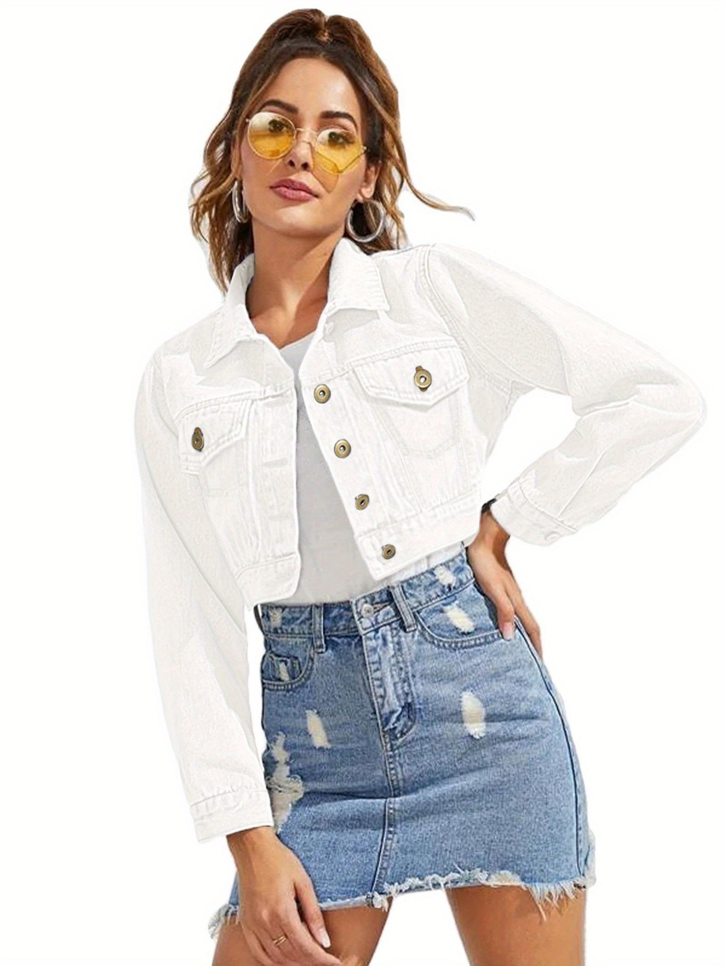 Women'S Fashion Cropped Jean Jacket - Long Sleeve Button- with Pockets