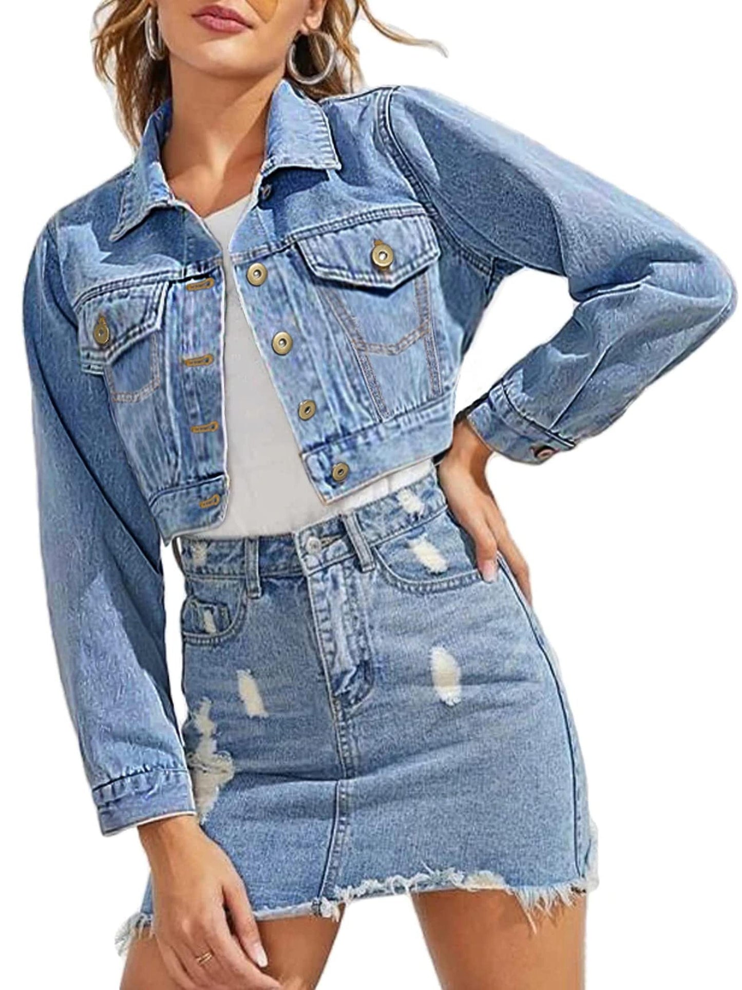 Women'S Fashion Cropped Jean Jacket - Long Sleeve Button- with Pockets
