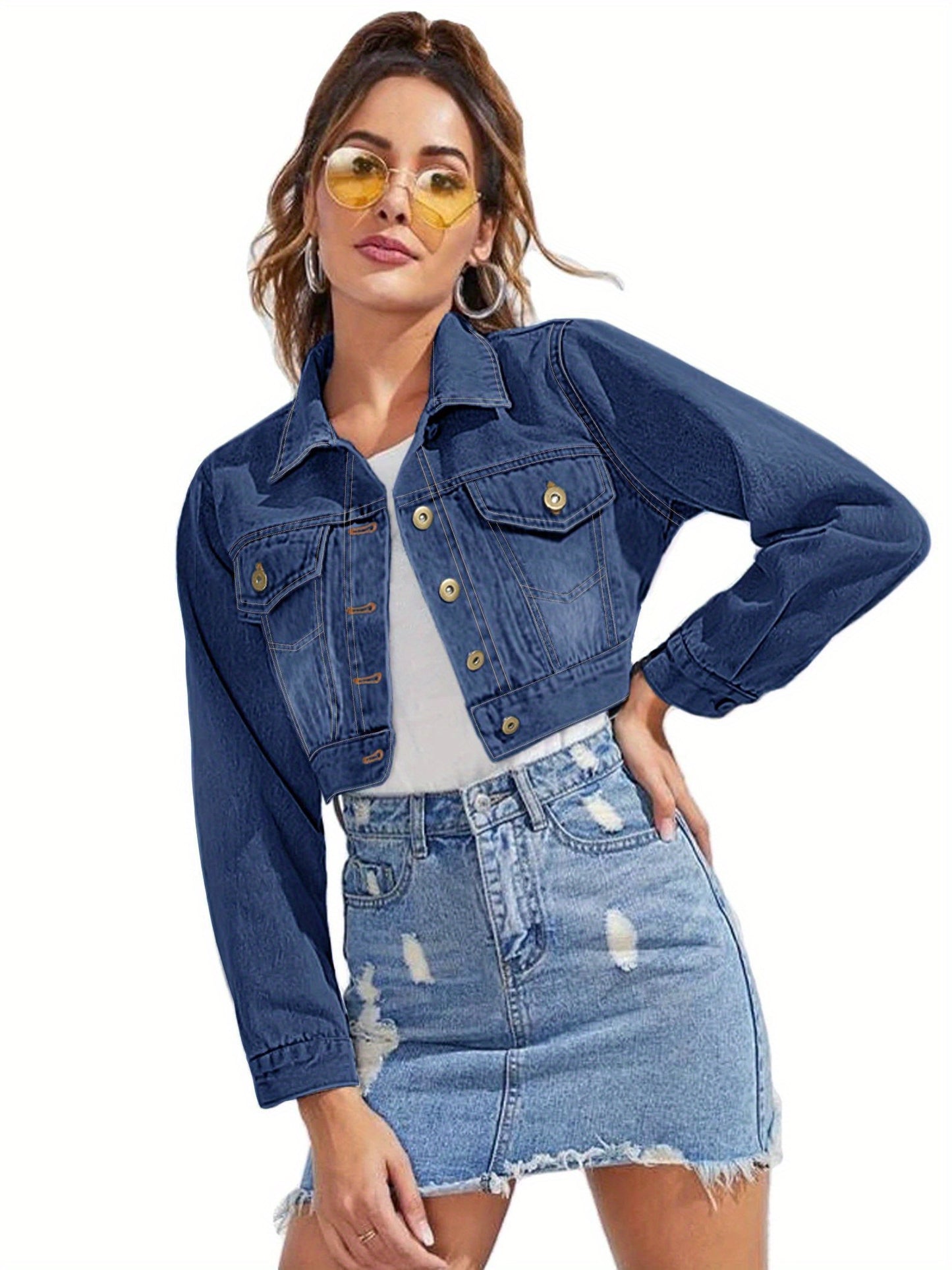 Women'S Fashion Cropped Jean Jacket - Long Sleeve Button- with Pockets