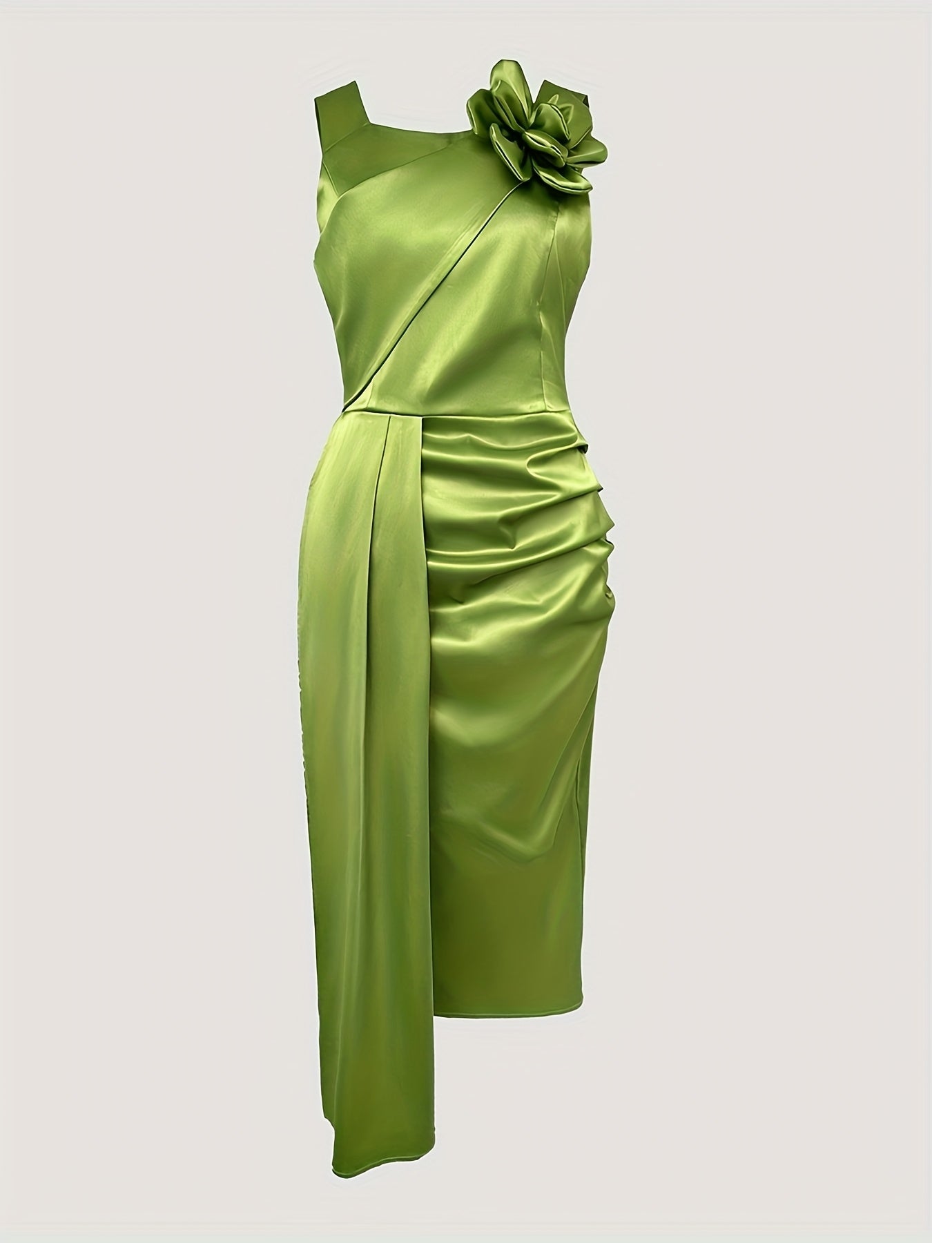 Women's Emerald Green 3D Floral Appliqué Square Neck Sleeveless Bodycon Dress with Ruched Waist & Side Ties - Mid-Length Party Dress for All Seasons, Dresses for Party, Evening Wear, Smooth Satin Finish