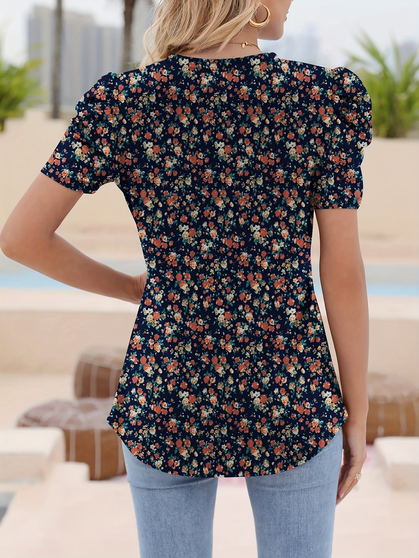 Women's Floral Print Puff Sleeve Short Sleeve Shirt - Loose Fit Crewneck Blouse with Ruffled Trim, Machine Washable, Spring Summer Fall Casual Top (S-XXL)
