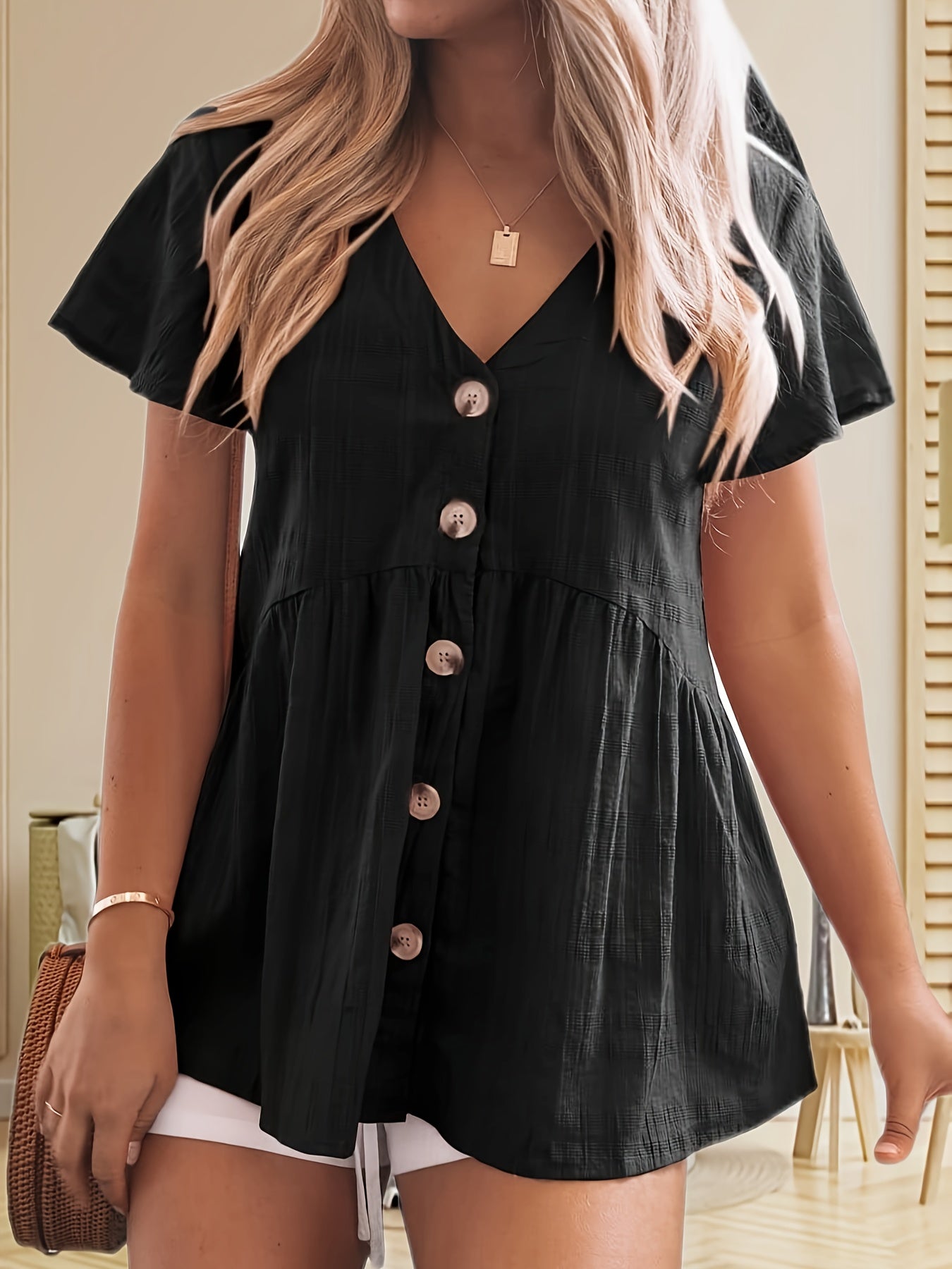 Women'S Short Sleeve V Neck Blouse Button Shirt Loose Casual Ruffle Hem Babydoll Peplum Tops For Summer Outings, Date Nights&Casual Style