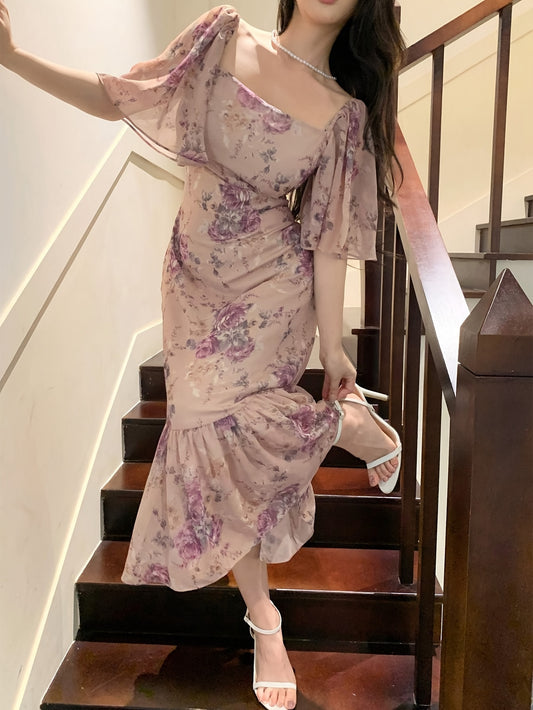 2025 Summer French-Inspired Floral Print Square Neck Dress - Elegant Fitted Sleeve with Back Tie Detail, Lightweight Non-Stretch Fabric for Women, Casual to Formal Occasions, Evening Wear, Relaxed Fit