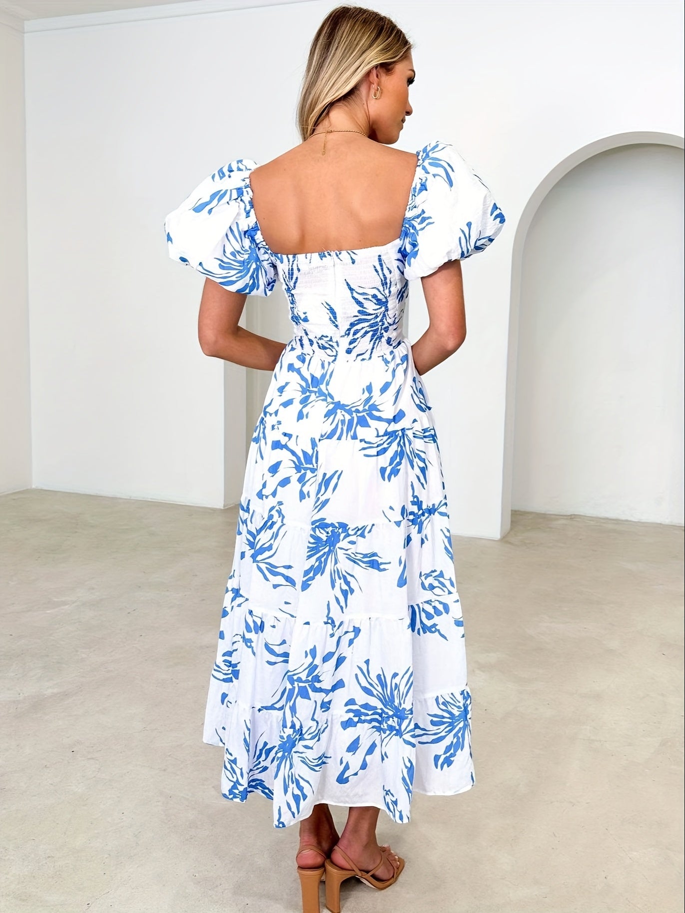 Women's Spring\u002FSummer New Style Elegant Yellow And White Printed Bubble Sleeve Grand Swing Premium Dress